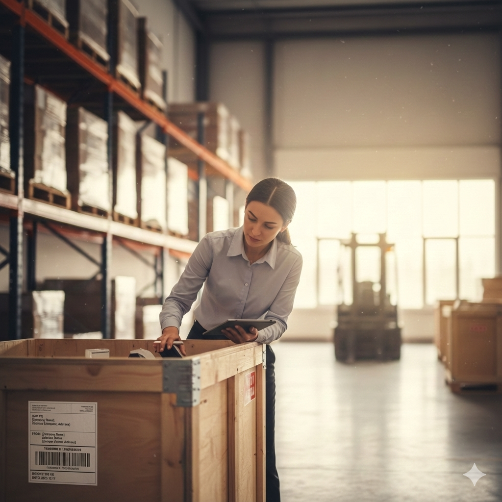 Professional quality control inspector examining products in a warehouse during a Pre-Shipment Inspection (PSI).