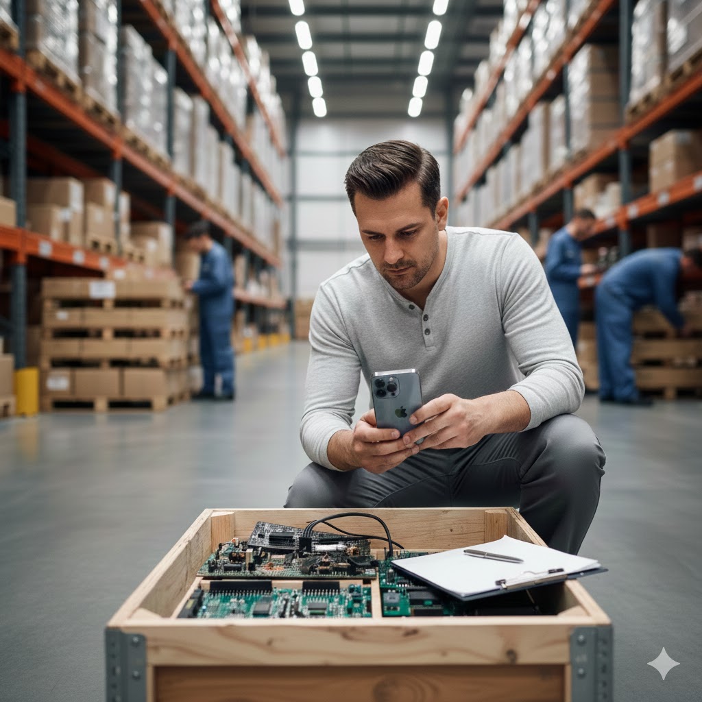 rofessional quality inspector performing pre-shipment inspection (PSI) in a warehouse
